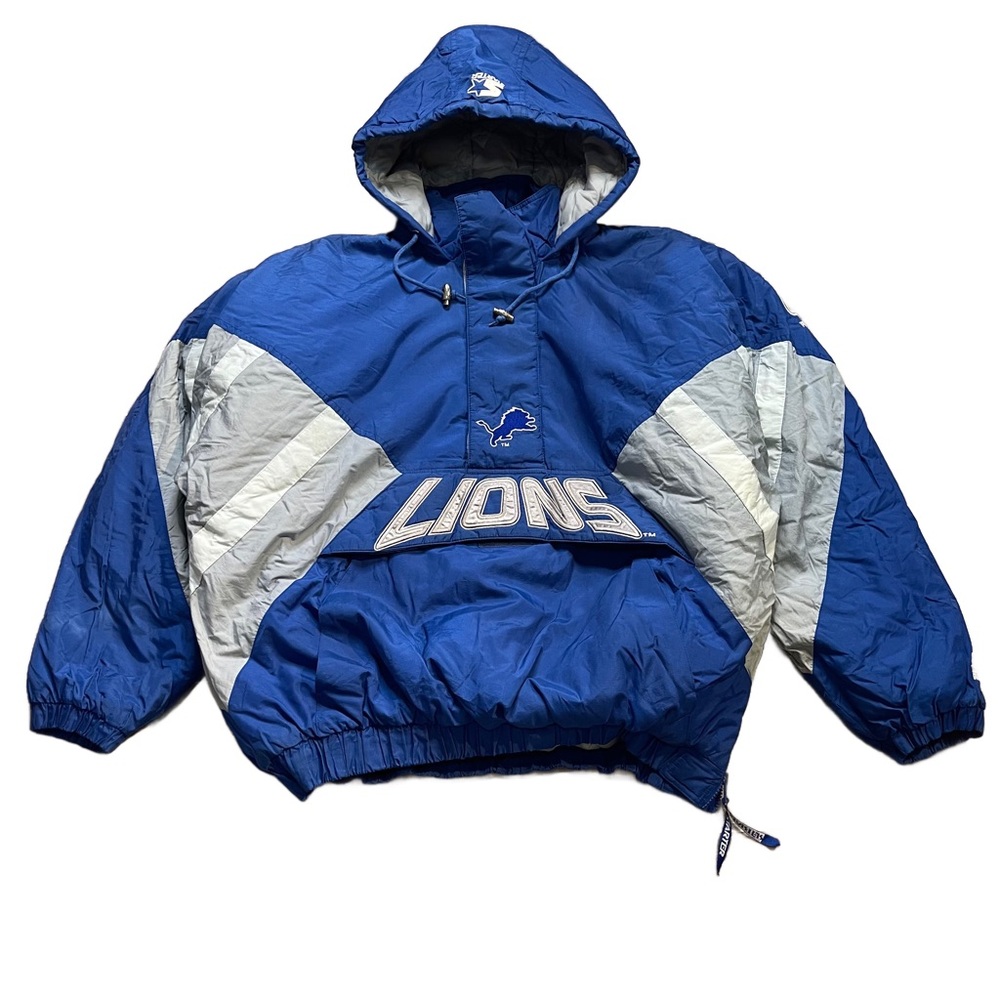 Vintage STARTER Detroit Lions Puller Over Winter Coat Blue NFL